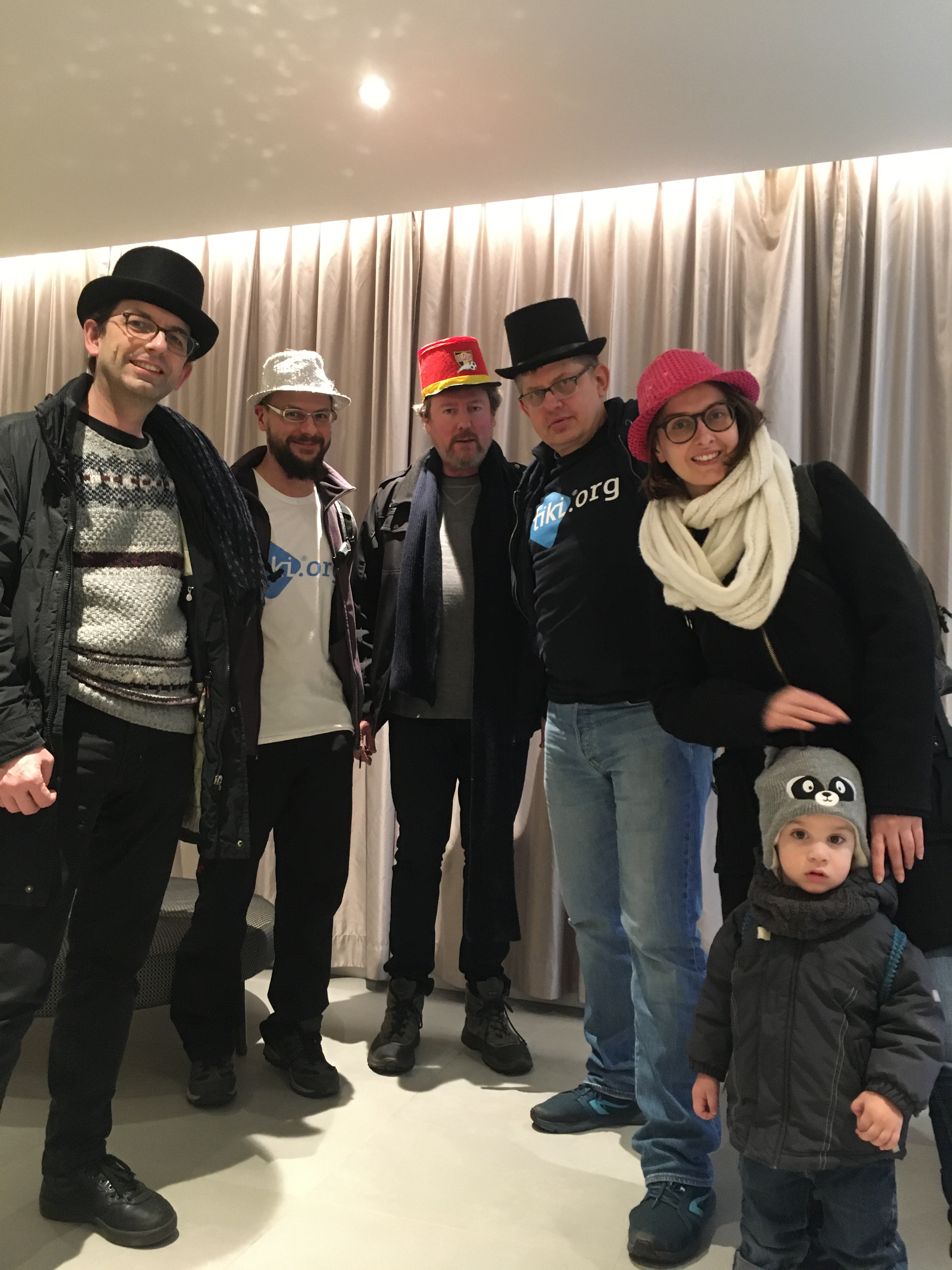 “Group photo after FOSDEM 2020 mini TikiFest (with hats)”