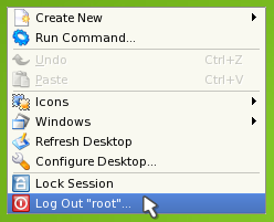 12: To exit, right click on the screen, click on Log Out root, and on the terminal window, type shutdown